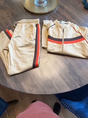 Men's Beige Track Jacket & Joggers Set with Red and Black Stripes